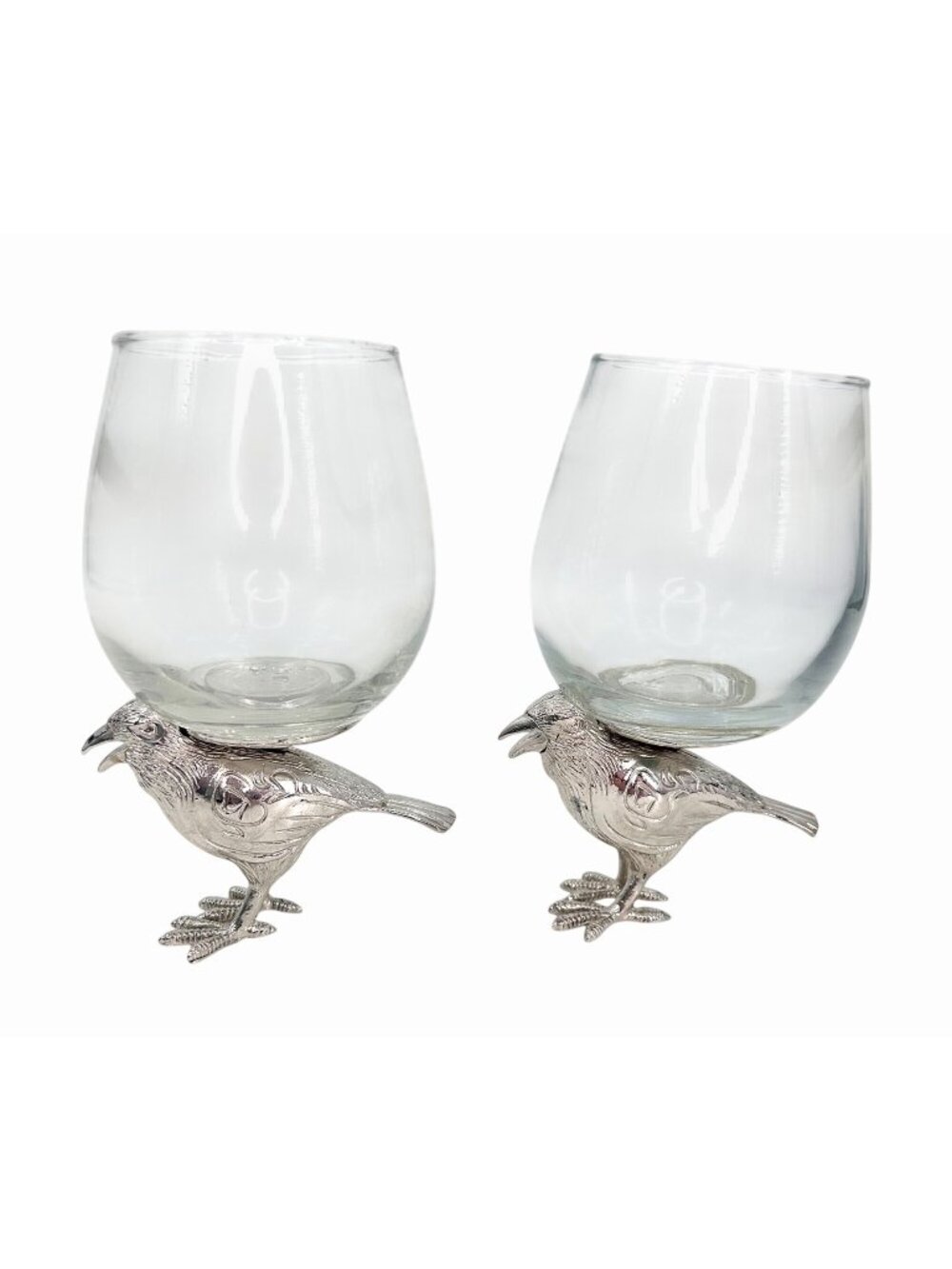 NWOT SILVER METAL RAVEN CROW 2 STEMLESS WINE GLASSES EDGAR ALLAN POE HALLOWEEN